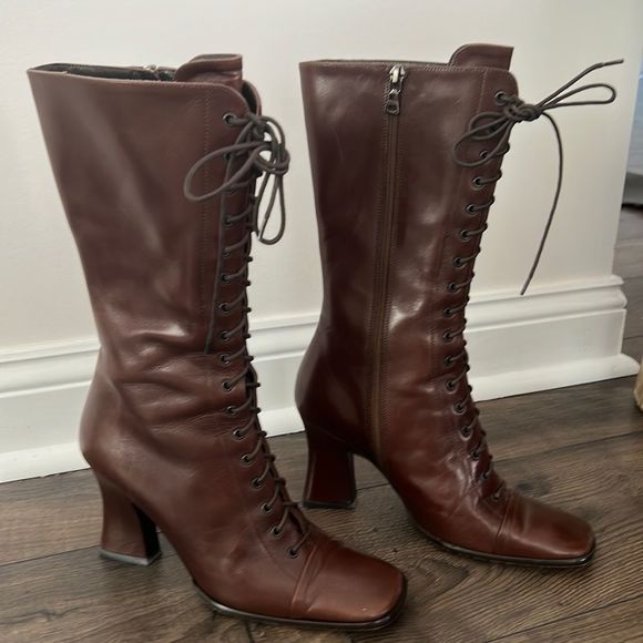 Prada Shoes - Prada chocolate brown tie up zip side boots